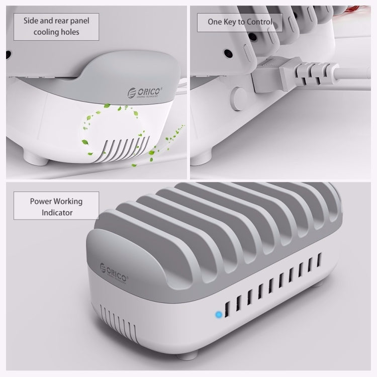 ORICO DUK-10P 120W 10 USB Ports Smart Charging Station with Phone & Tablet Stand, UK Plug(White)