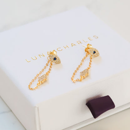 Iris Evil Eye Chain Drop Earrings | 18k Gold Plated