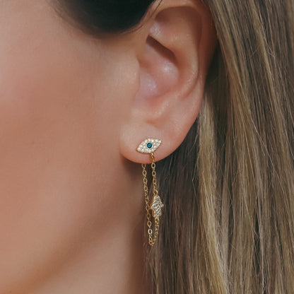 Iris Evil Eye Chain Drop Earrings | 18k Gold Plated