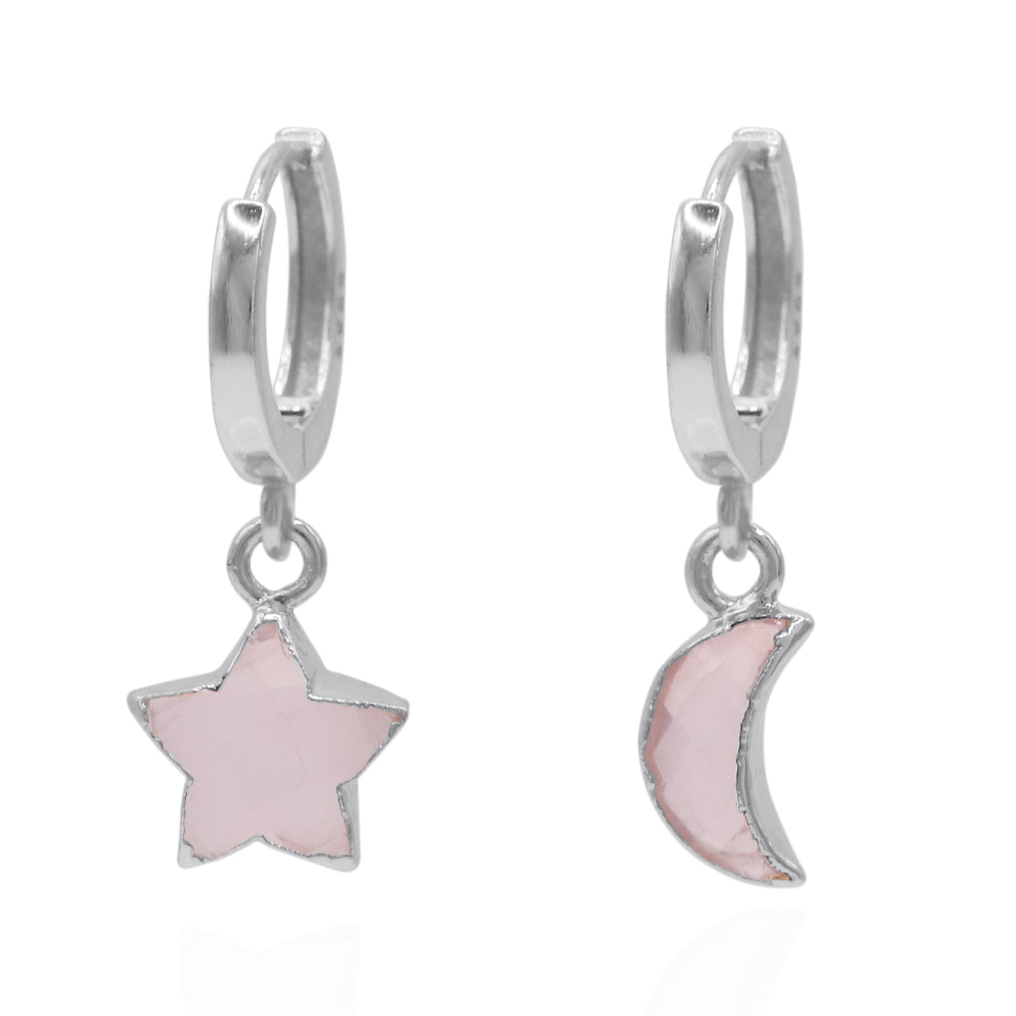 Créoles Joni en argent sterling 925 avec pendentifs étoile et lune en quartz rose