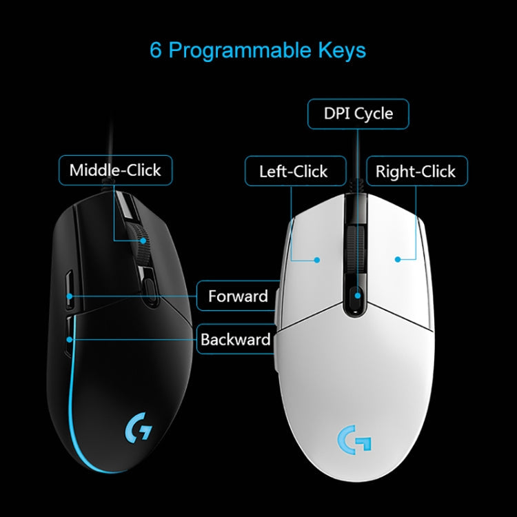 Logitech G102 6-keys RGB Glowing 6000DPI Five-speed Adjustable Wired Optical Gaming Mouse, Length: 2m (White)