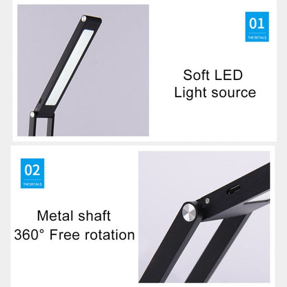 Lampe de bureau LED 3W pliable réglable, chargement USB, protection oculaire (Noir)