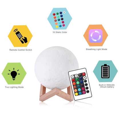 Lampe de lune imprimée 3D YouOKLight YK2302 15 cm avec contrôle tactile, veilleuse LED à intensité variable 16 couleurs rechargeable par USB avec télécommande et support en bois