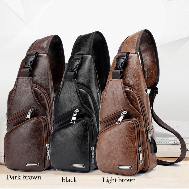 PU Leather USB Chest Bag