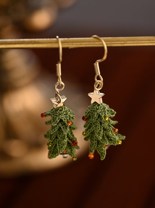 Tiny Christmas Tree Dangle Earrings – Hand-Crocheted Holiday Charm