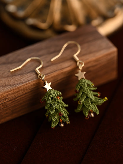 Tiny Christmas Tree Dangle Earrings – Hand-Crocheted Holiday Charm