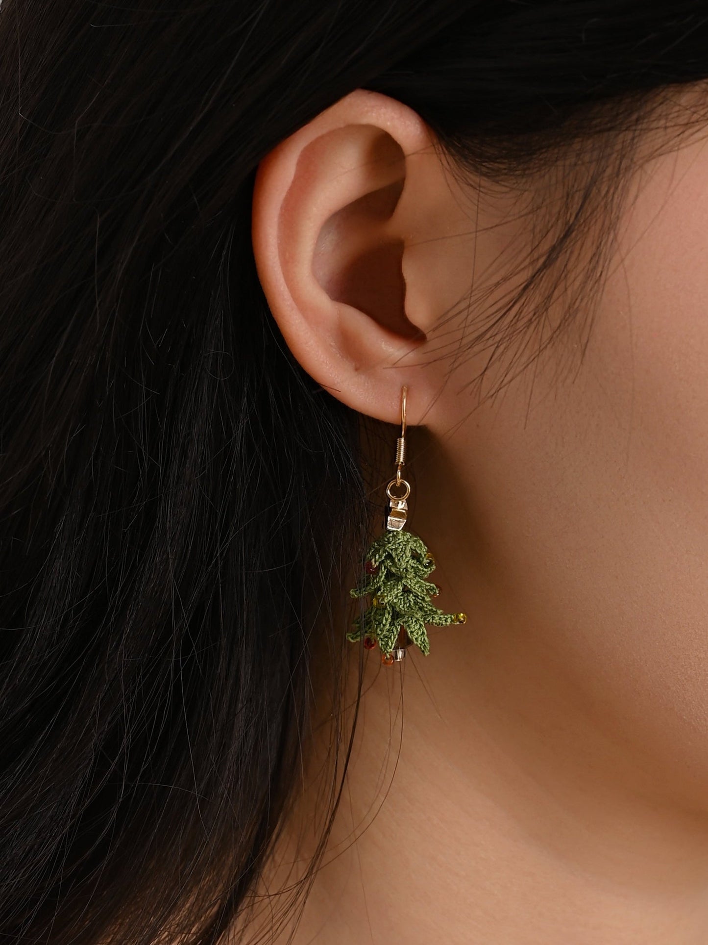 Tiny Christmas Tree Dangle Earrings – Hand-Crocheted Holiday Charm