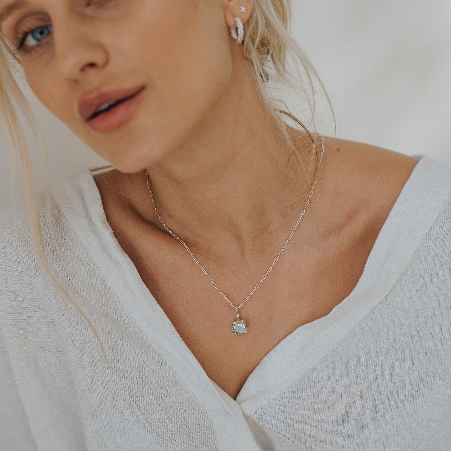 Large Silver Green Quartz Necklace - Giselle