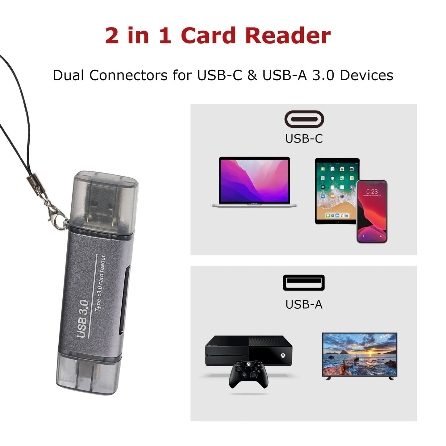 Maplin USB-C & USB-A 3.0 SD Card Reader for SDXC / SDHC / MicroSDXC / MicroSDHC / UHS-I