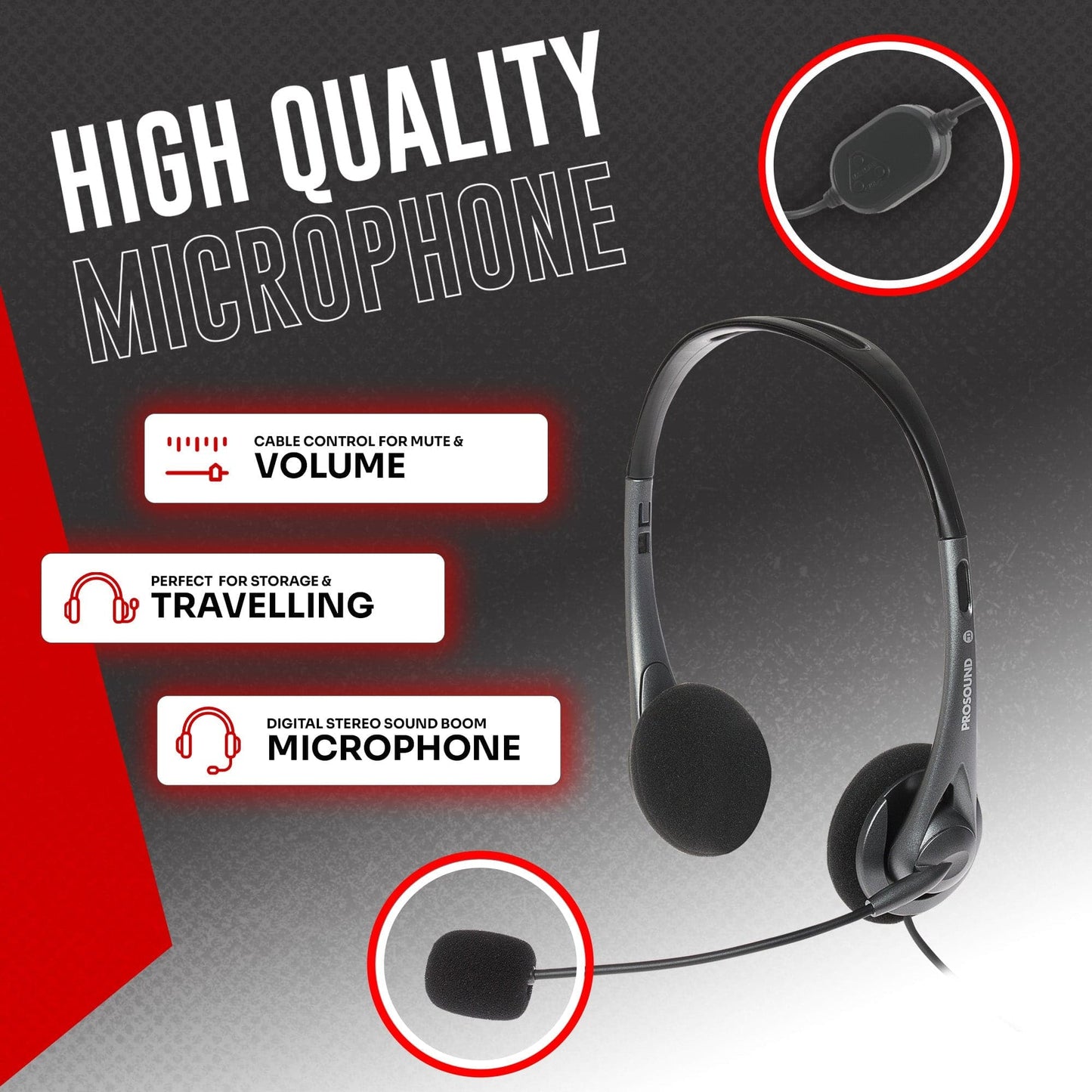 Casque stéréo ProSound USB-A avec microphone à condensateur électret sur tige et câble de 1,2 m