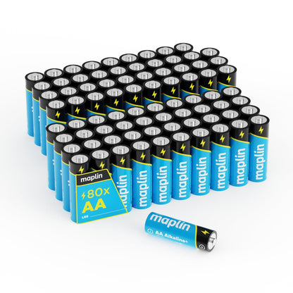 Piles Alcalines Haute Performance Maplin 80x AA LR6 1,5 V Longue Durée (7 ans) avec Testeur de Piles Universel