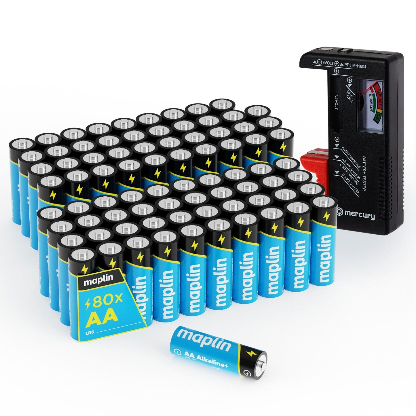 Piles Alcalines Haute Performance Maplin 80x AA LR6 1,5 V Longue Durée (7 ans) avec Testeur de Piles Universel