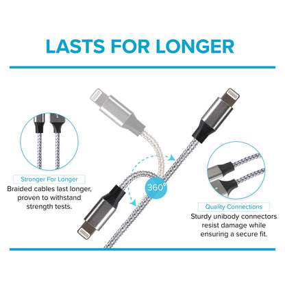 Câble tressé haute vitesse Maplin Lightning vers USB-C 20W - Argent, 1 m