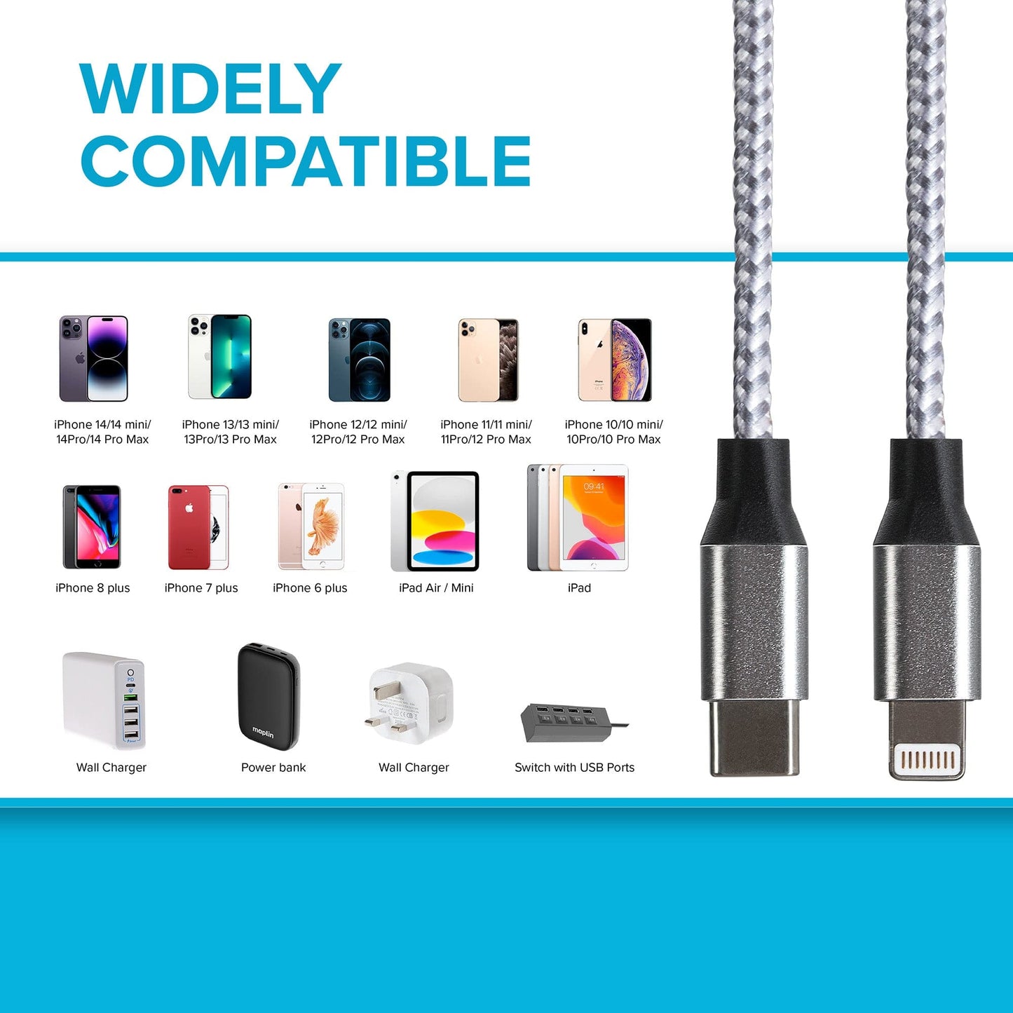 Câble tressé haute vitesse Maplin Lightning vers USB-C 20W - Argent, 1 m