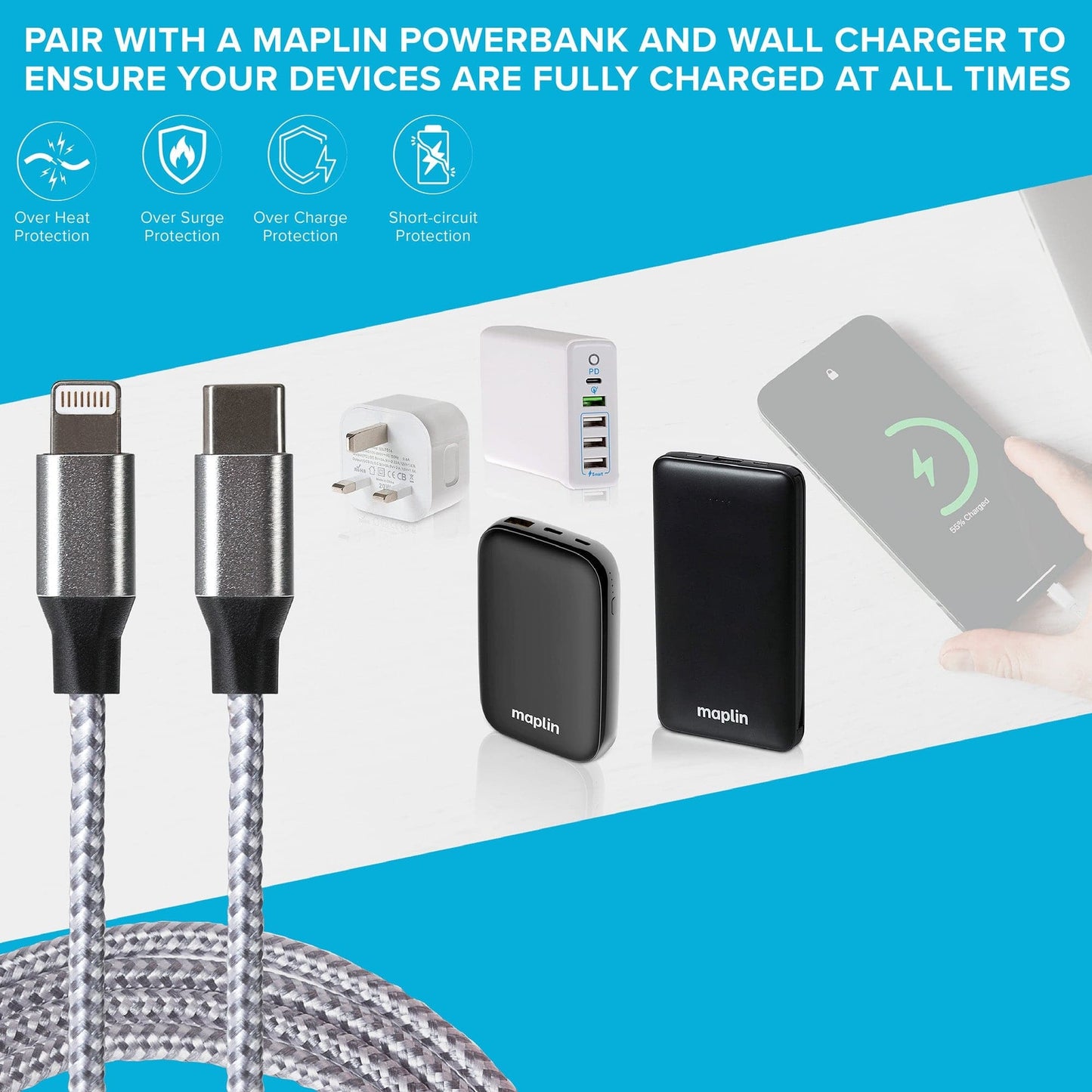 Câble tressé haute vitesse Maplin Lightning vers USB-C 20W - Argent, 1 m