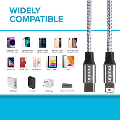 Maplin Lightning to USB-C 20W High Speed Braided Cable - Silver, 3m