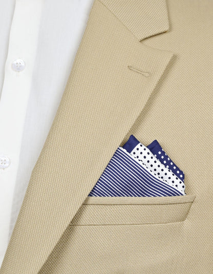 Pochette de costume en soie à pois blancs et bleus