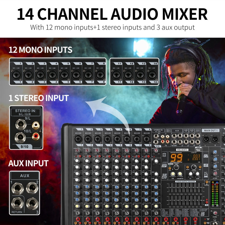 XTUGA B1404FX 14 Channels Bluetooth Audio Mixer Digital DJ Controller Sound Mixing Console (UK Plug)