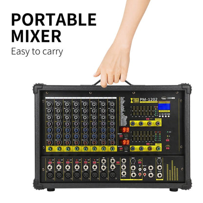XTUGA PM1202 900W 10 Channel Stage Power Mixer 24Bit Multil-FX Processor Dual 99 DSP Effect DJ Amplifier (UK Plug)