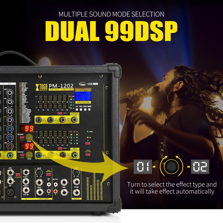XTUGA PM1202 900W 10 Channel Stage Power Mixer 24Bit Multil-FX Processor Dual 99 DSP Effect DJ Amplifier (UK Plug)