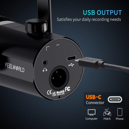 FEELWORLD PM1-AS XLR/USB Dynamic Microphone for Podcasting Recording Gaming Live Streaming with Boom Arm (Black)