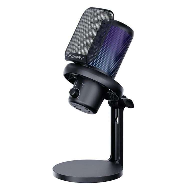 FEELWORLD VM1-XS USB Condenser Gaming Microphone for Streaming Noise Cancellation Mute RGB Light Desktop Stand (Black)