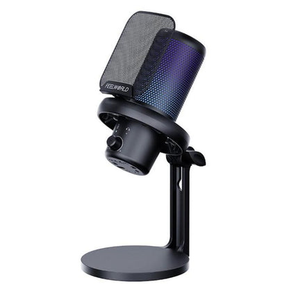 FEELWORLD VM1-XS USB Condenser Gaming Microphone for Streaming Noise Cancellation Mute RGB Light Desktop Stand (Black)