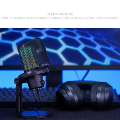 FEELWORLD VM1-XS USB Condenser Gaming Microphone for Streaming Noise Cancellation Mute RGB Light Desktop Stand (Black)