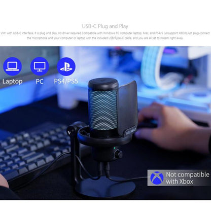 FEELWORLD VM1-XS USB Condenser Gaming Microphone for Streaming Noise Cancellation Mute RGB Light Desktop Stand (Black)