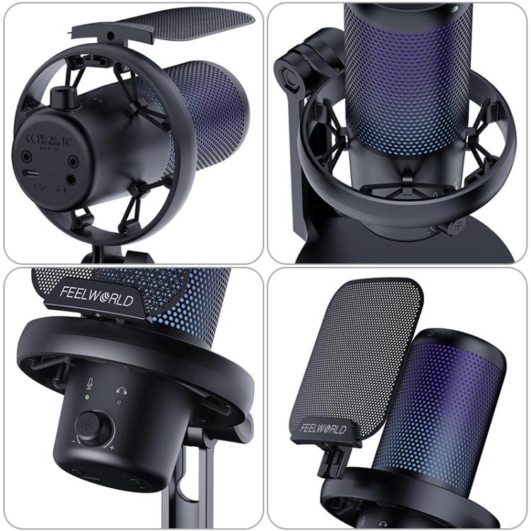 FEELWORLD VM1-XS USB Condenser Gaming Microphone for Streaming Noise Cancellation Mute RGB Light Desktop Stand (Black)