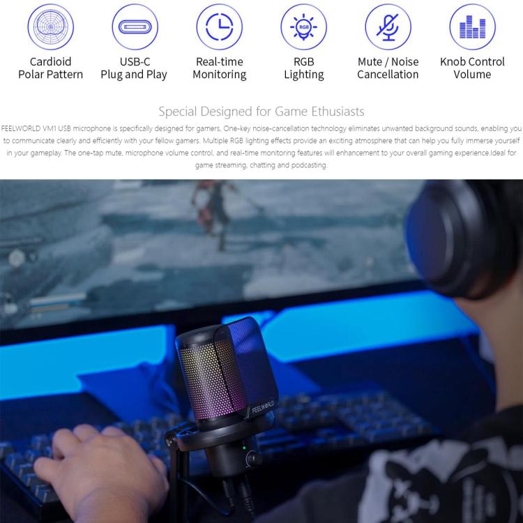 FEELWORLD VM1-XS USB Condenser Gaming Microphone for Streaming Noise Cancellation Mute RGB Light Desktop Stand (Black)
