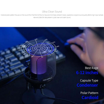 FEELWORLD VM1-XS USB Condenser Gaming Microphone for Streaming Noise Cancellation Mute RGB Light Desktop Stand (Black)