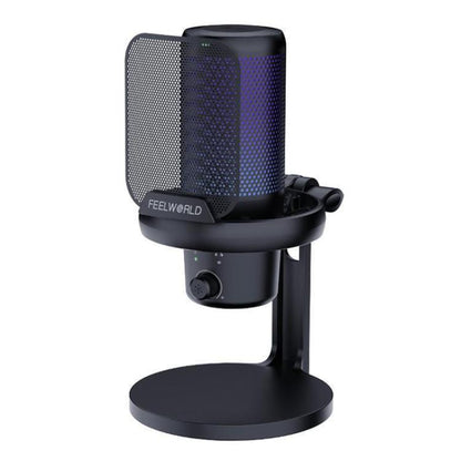 FEELWORLD VM1-XS USB Condenser Gaming Microphone for Streaming Noise Cancellation Mute RGB Light Desktop Stand (Black)