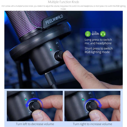 FEELWORLD VM1-XS USB Condenser Gaming Microphone for Streaming Noise Cancellation Mute RGB Light Desktop Stand (Black)