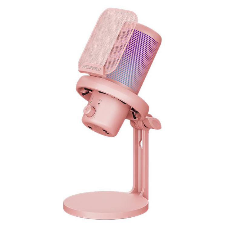 FEELWORLD VM1-XS USB Condenser Gaming Microphone for Streaming Noise Cancellation Mute RGB Light Desktop Stand (Pink)
