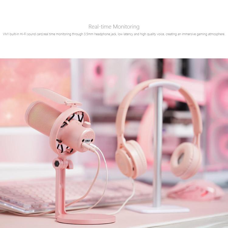 FEELWORLD VM1-XS USB Condenser Gaming Microphone for Streaming Noise Cancellation Mute RGB Light Desktop Stand (Pink)
