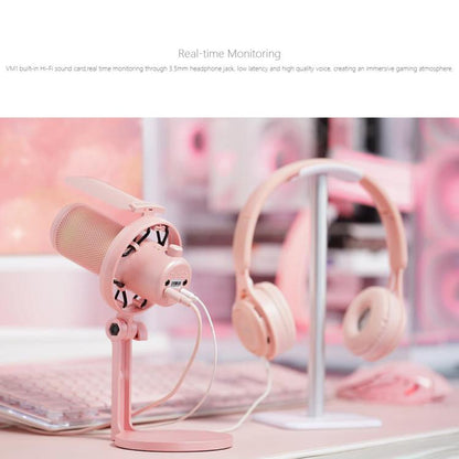 FEELWORLD VM1-XS USB Condenser Gaming Microphone for Streaming Noise Cancellation Mute RGB Light Desktop Stand (Pink)