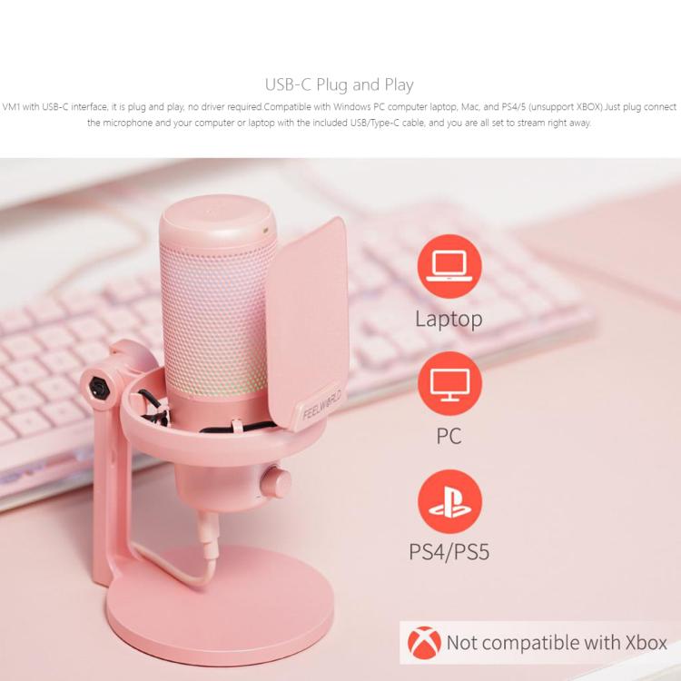 FEELWORLD VM1-XS USB Condenser Gaming Microphone for Streaming Noise Cancellation Mute RGB Light Desktop Stand (Pink)
