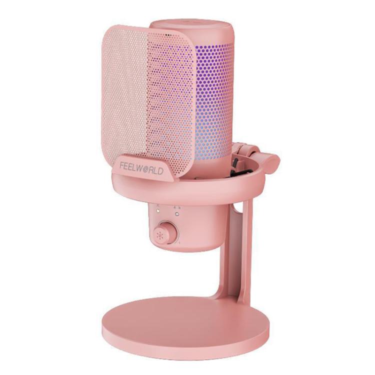 FEELWORLD VM1-XS USB Condenser Gaming Microphone for Streaming Noise Cancellation Mute RGB Light Desktop Stand (Pink)