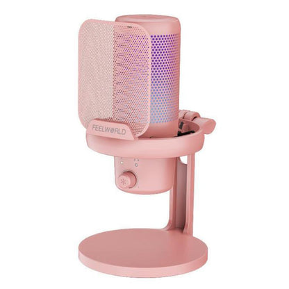 FEELWORLD VM1-XS USB Condenser Gaming Microphone for Streaming Noise Cancellation Mute RGB Light Desktop Stand (Pink)