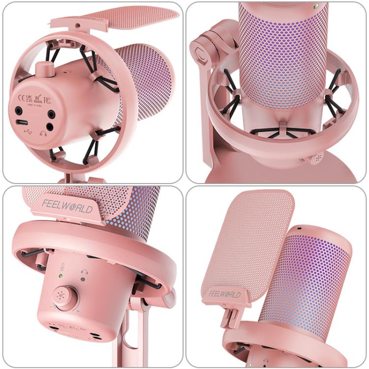 FEELWORLD VM1-XS USB Condenser Gaming Microphone for Streaming Noise Cancellation Mute RGB Light Desktop Stand (Pink)