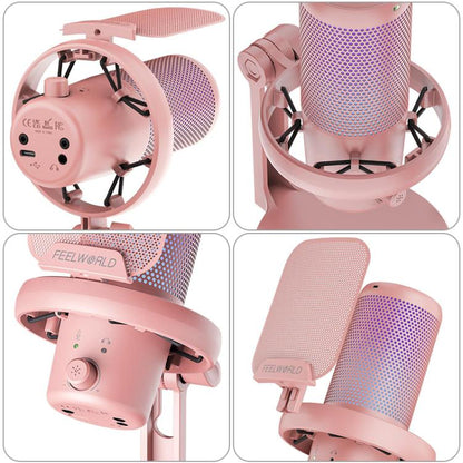 FEELWORLD VM1-XS USB Condenser Gaming Microphone for Streaming Noise Cancellation Mute RGB Light Desktop Stand (Pink)
