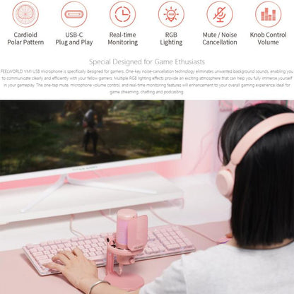 FEELWORLD VM1-XS USB Condenser Gaming Microphone for Streaming Noise Cancellation Mute RGB Light Desktop Stand (Pink)