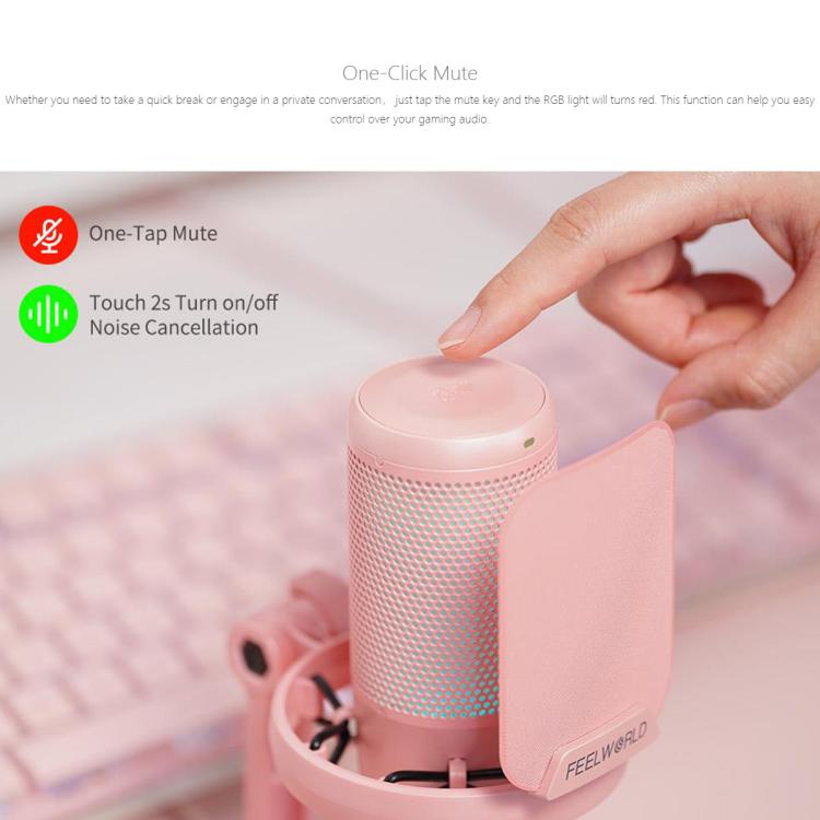 FEELWORLD VM1-XS USB Condenser Gaming Microphone for Streaming Noise Cancellation Mute RGB Light Desktop Stand (Pink)