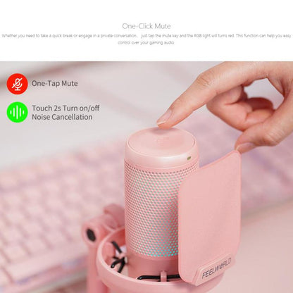FEELWORLD VM1-XS USB Condenser Gaming Microphone for Streaming Noise Cancellation Mute RGB Light Desktop Stand (Pink)