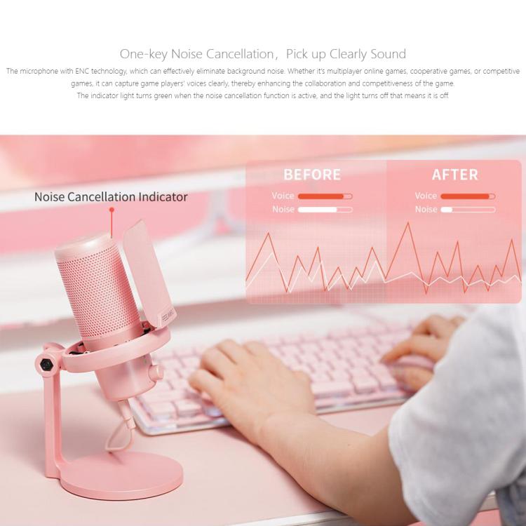FEELWORLD VM1-XS USB Condenser Gaming Microphone for Streaming Noise Cancellation Mute RGB Light Desktop Stand (Pink)