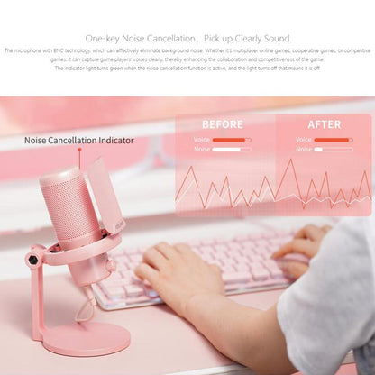 FEELWORLD VM1-XS USB Condenser Gaming Microphone for Streaming Noise Cancellation Mute RGB Light Desktop Stand (Pink)