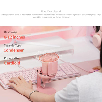 FEELWORLD VM1-XS USB Condenser Gaming Microphone for Streaming Noise Cancellation Mute RGB Light Desktop Stand (Pink)