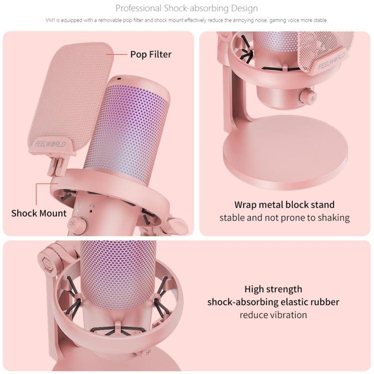 FEELWORLD VM1-XS USB Condenser Gaming Microphone for Streaming Noise Cancellation Mute RGB Light Desktop Stand (Pink)
