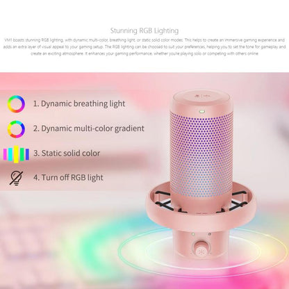 FEELWORLD VM1-XS USB Condenser Gaming Microphone for Streaming Noise Cancellation Mute RGB Light Desktop Stand (Pink)